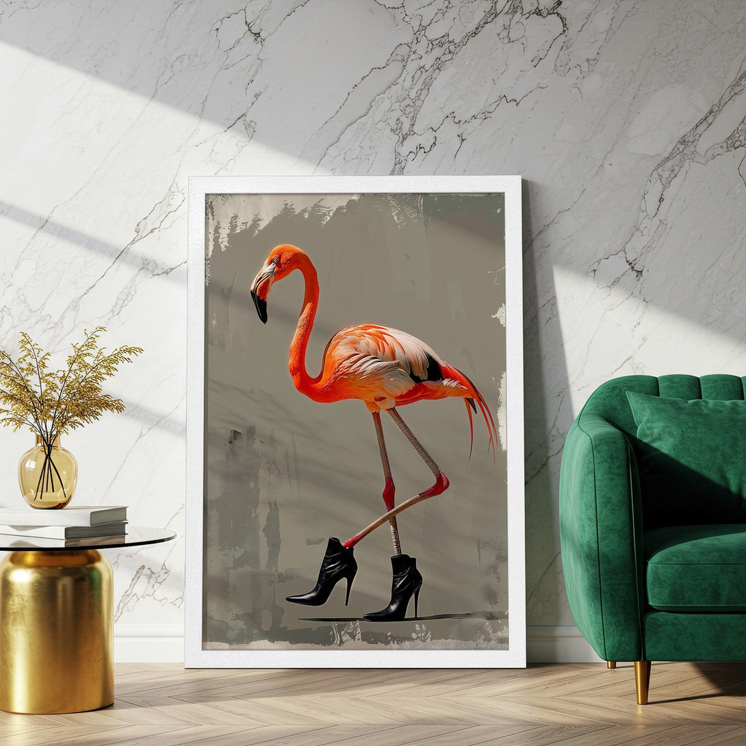 Framed Poster featuring a flamingo in high heels, modern art style with orange, grey & black color palette. Perfect wall decor!