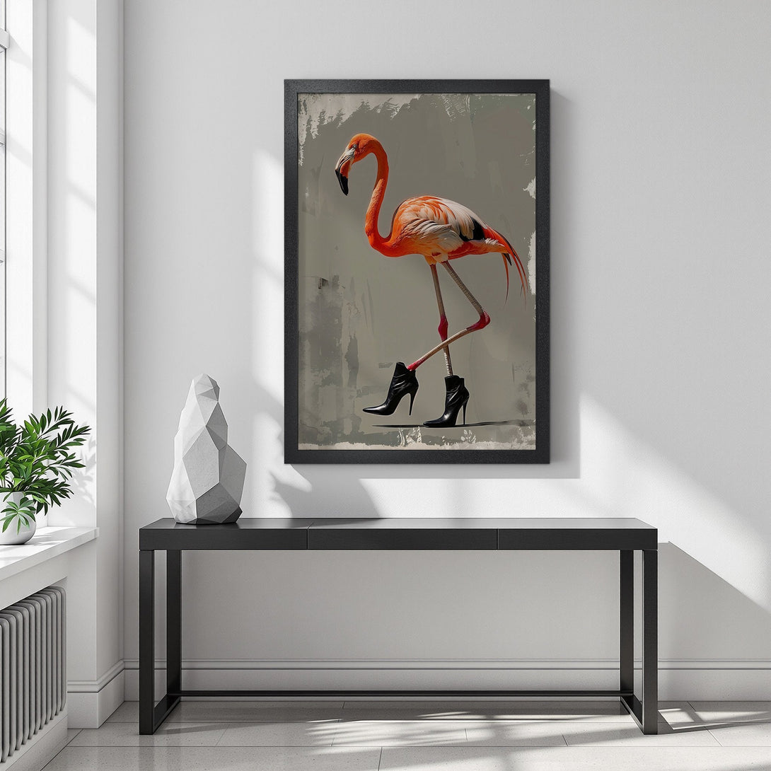 Framed Poster featuring a flamingo in high heels. Modern art print with a vibrant orange and gray palette, perfect for home decor.