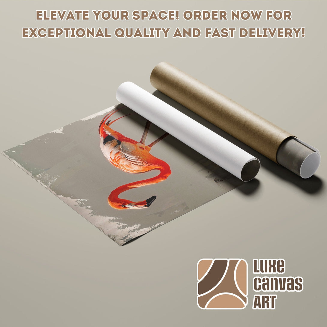 Flamingo art poster roll, modern style, warm orange & gray palette. Elevate your space with Luxe Canvas Art!