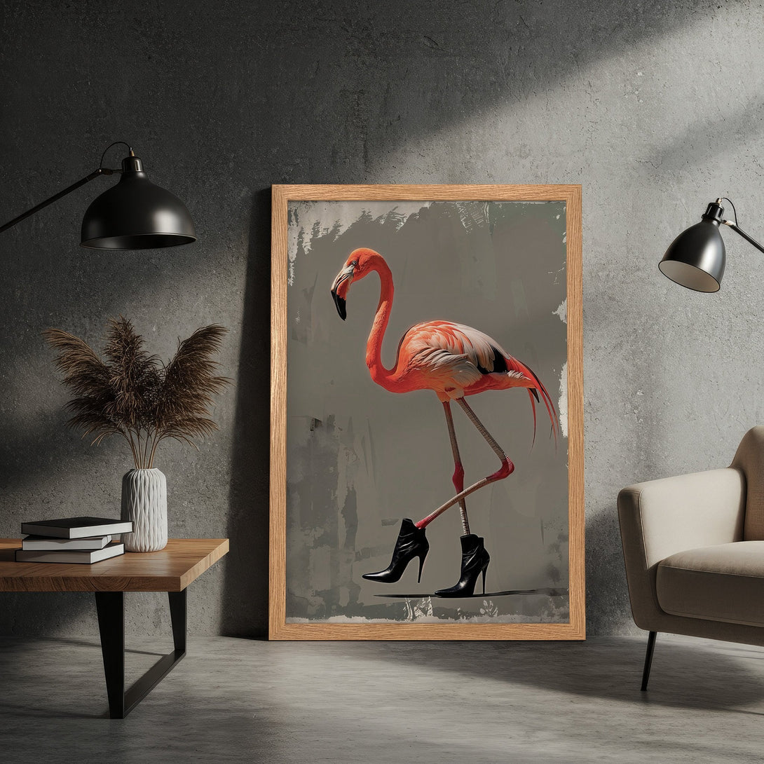 Framed Poster featuring a flamingo in high heels. Modern art style with a pink, gray, and black color palette. Add a touch of whimsy to your decor!