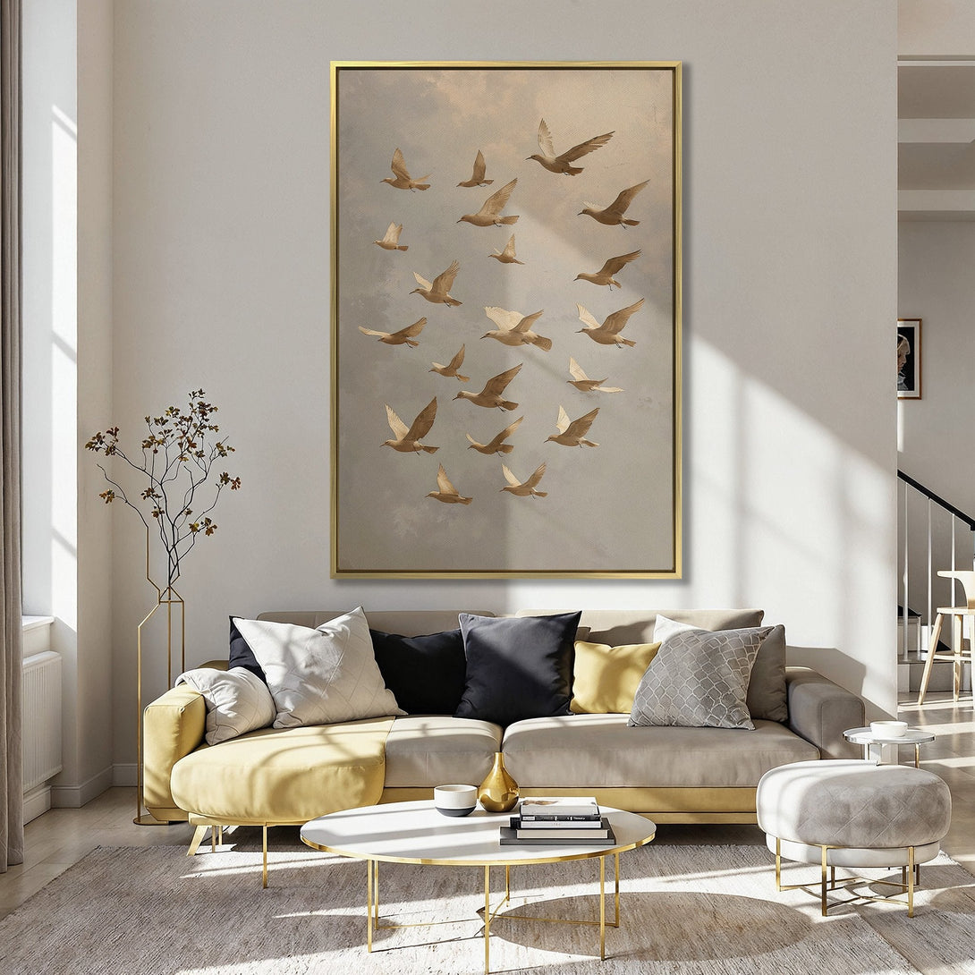 Canvas Print featuring a flock of birds, neutral tones, and a vintage aesthetic. Perfect wall art for a cozy, inviting space.