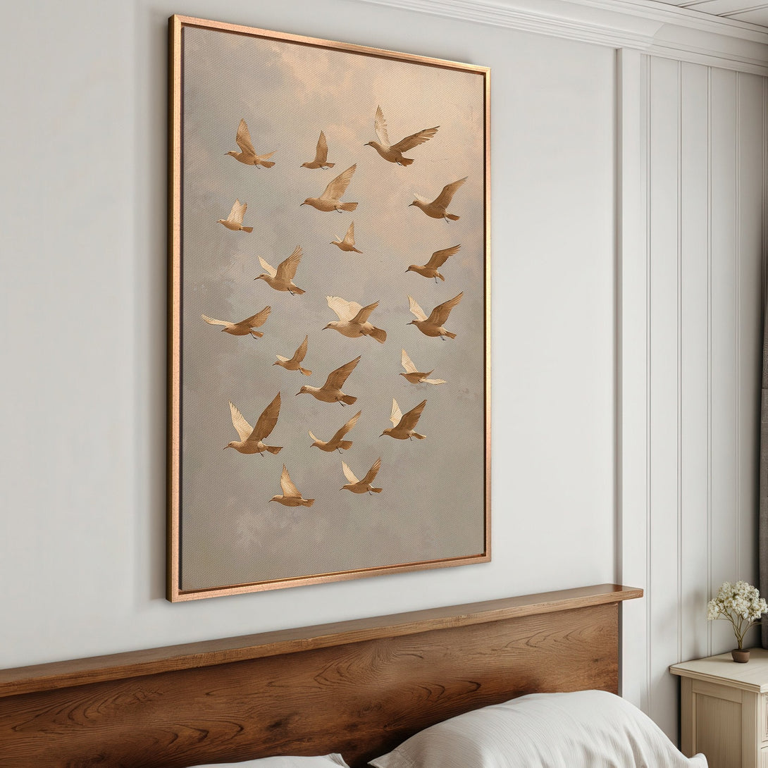 Framed Wall Art featuring a flock of birds in flight, neutral color palette. Perfect for adding a touch of elegance to your bedroom decor.