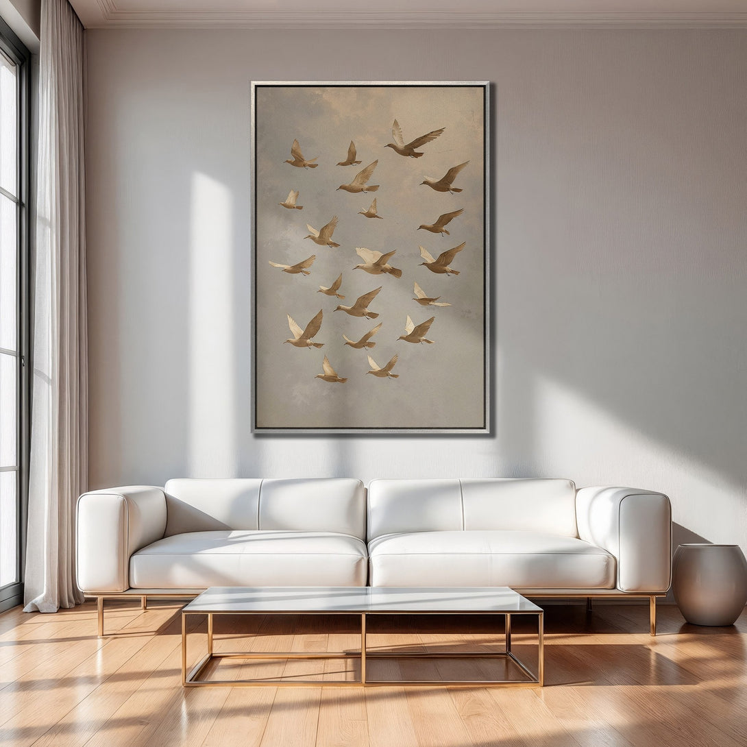 Framed Wall Art featuring a flock of birds in muted tones. Modern Canvas Print adds a touch of elegance to any living room. Neutral color palette.