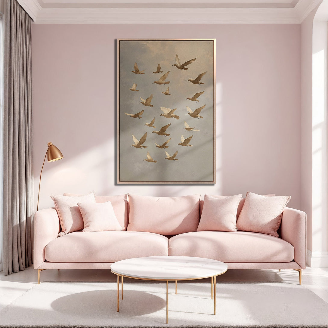 Framed Wall Art featuring a flock of birds in flight, displayed in a blush pink living room. Soft, neutral color palette with gold accents. Elevate your space!