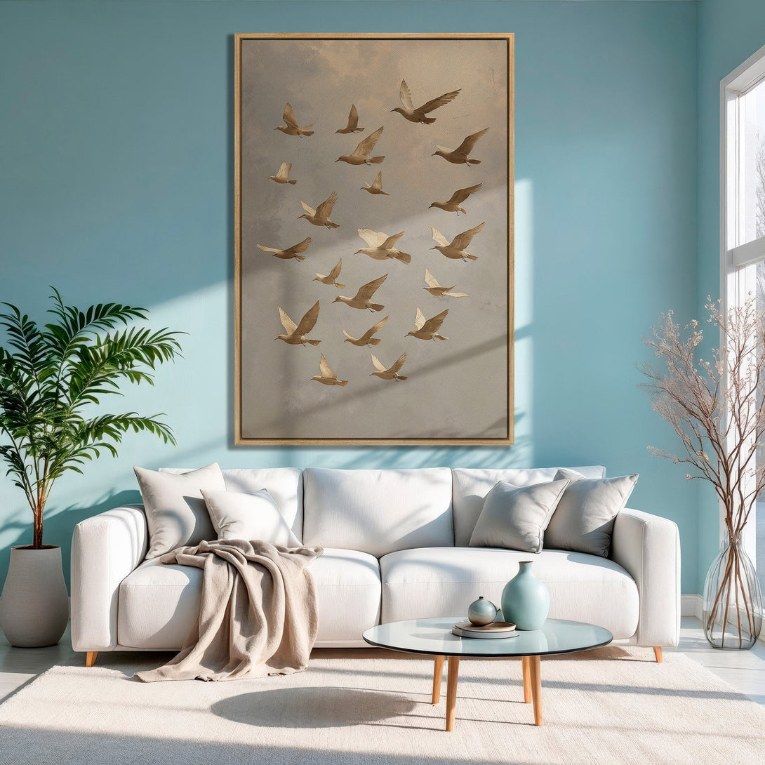 Framed Wall Art: Elegant bird art print in neutral tones, perfect for modern decor. Adds a touch of serenity with its muted color palette.