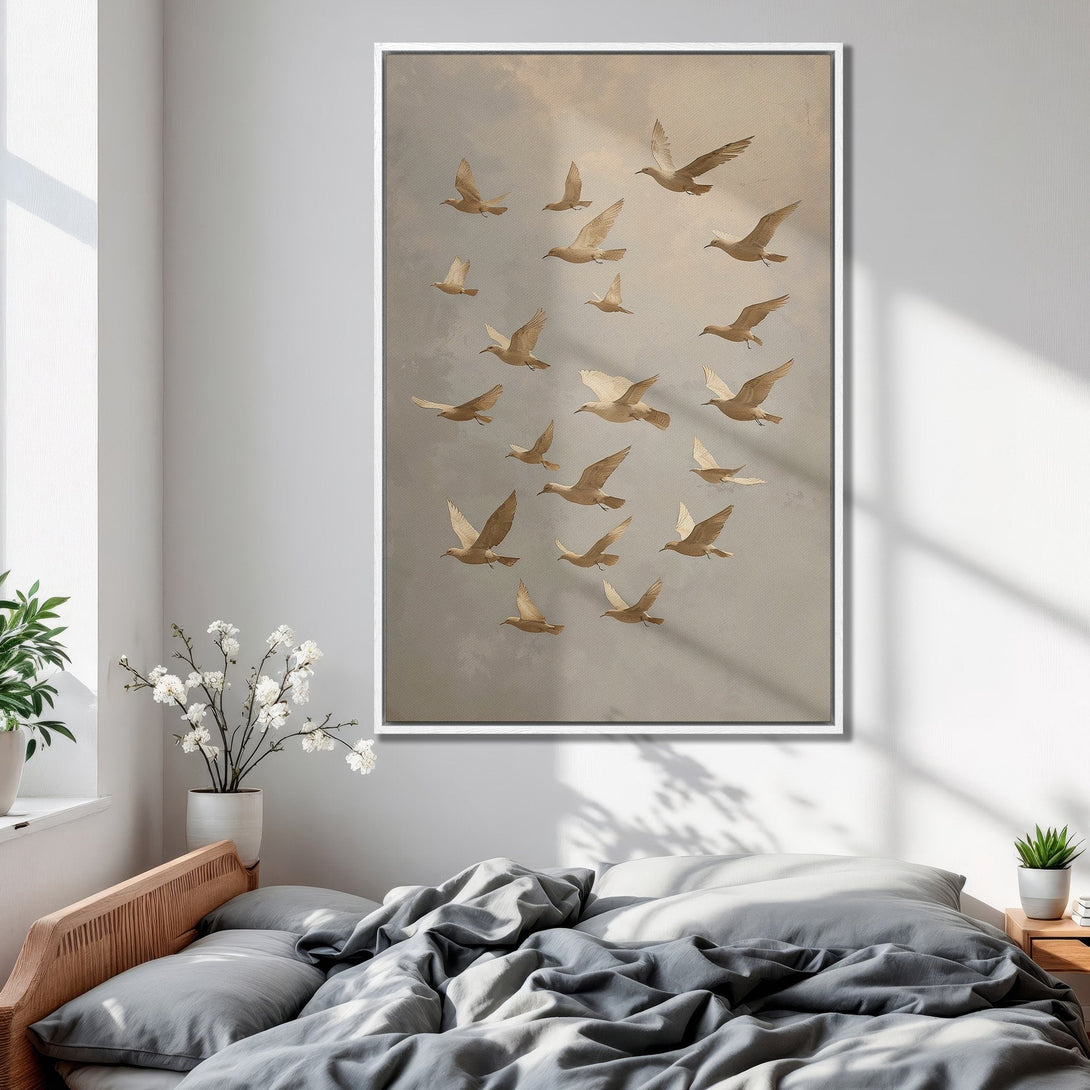 Framed Wall Art featuring a flock of birds in neutral tones. Modern, minimalist style canvas print perfect for bedroom decor.