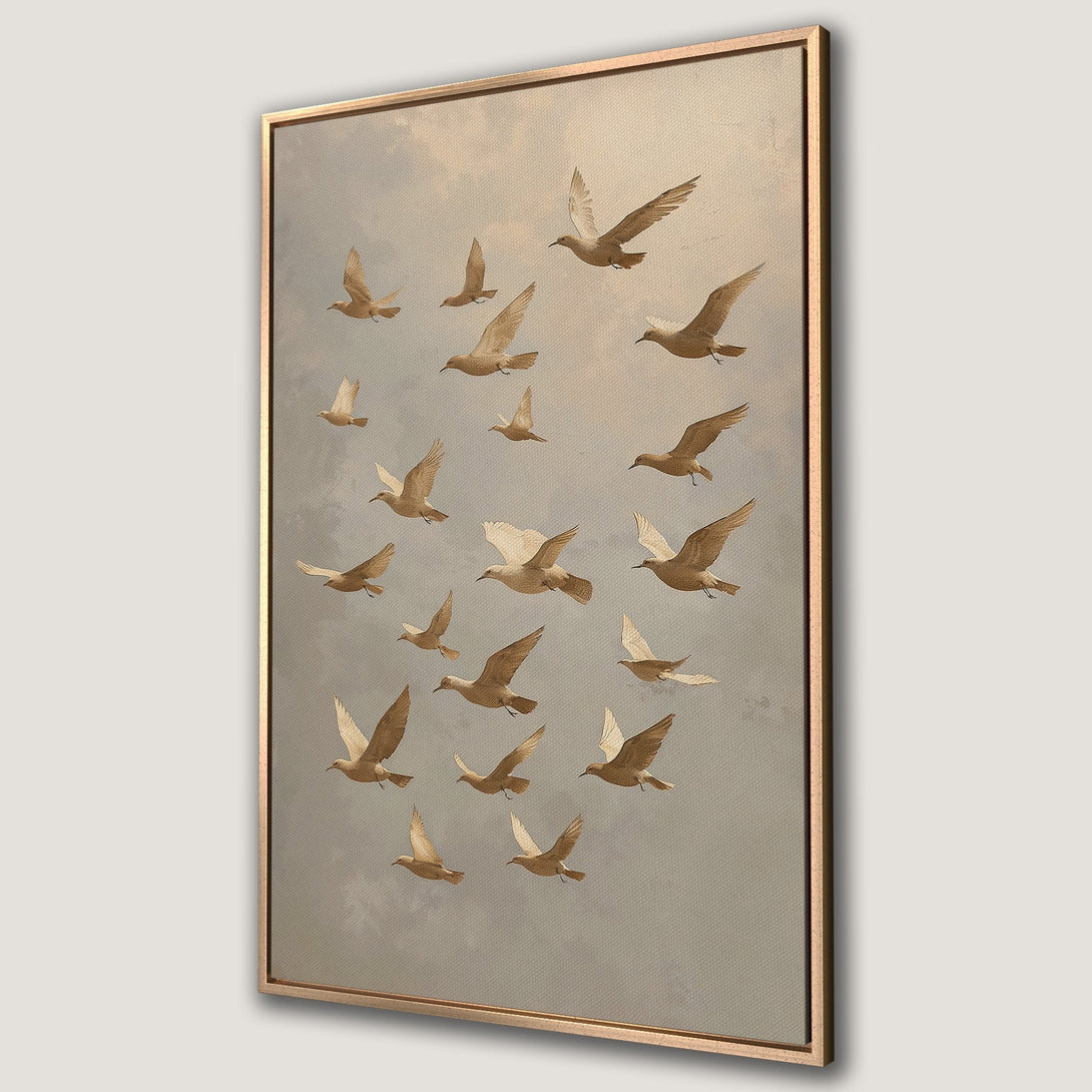 Framed Wall Art: Vintage-style Canvas Print of birds in flight. Neutral color palette with beige and gray tones. Perfect for adding a touch of elegance.