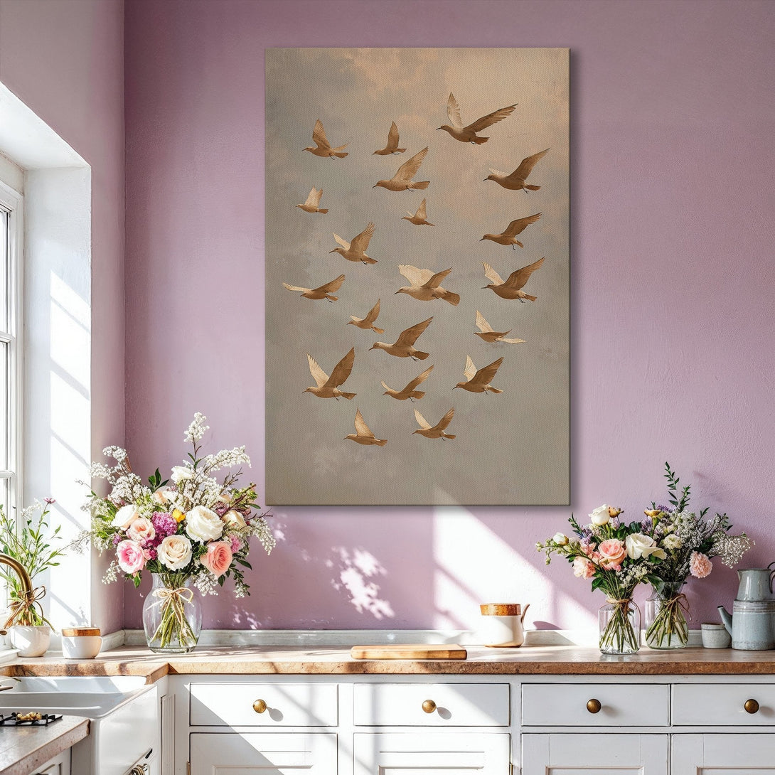 Framed Wall Art featuring a flock of birds in flight, neutral color palette with gold accents. Modern, elegant canvas print for living room decor.