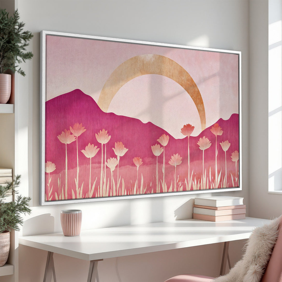 Framed Wall Art: Abstract floral landscape in pink and gold hues. Modern canvas print perfect for adding a touch of art to your home decor.