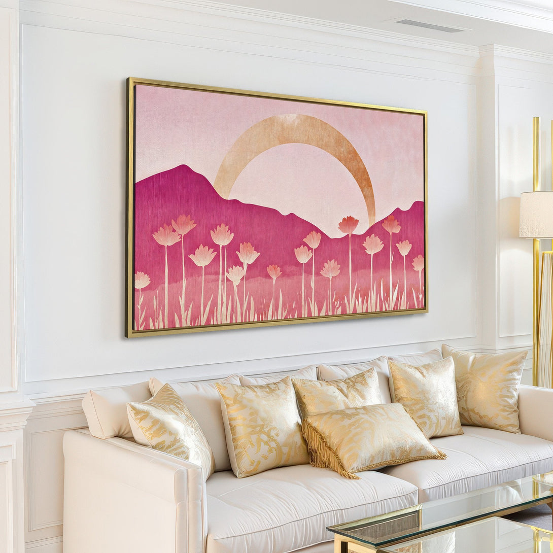 Canvas Print featuring a floral landscape in a modern style with a pink and gold color palette, perfect wall art for your living room.