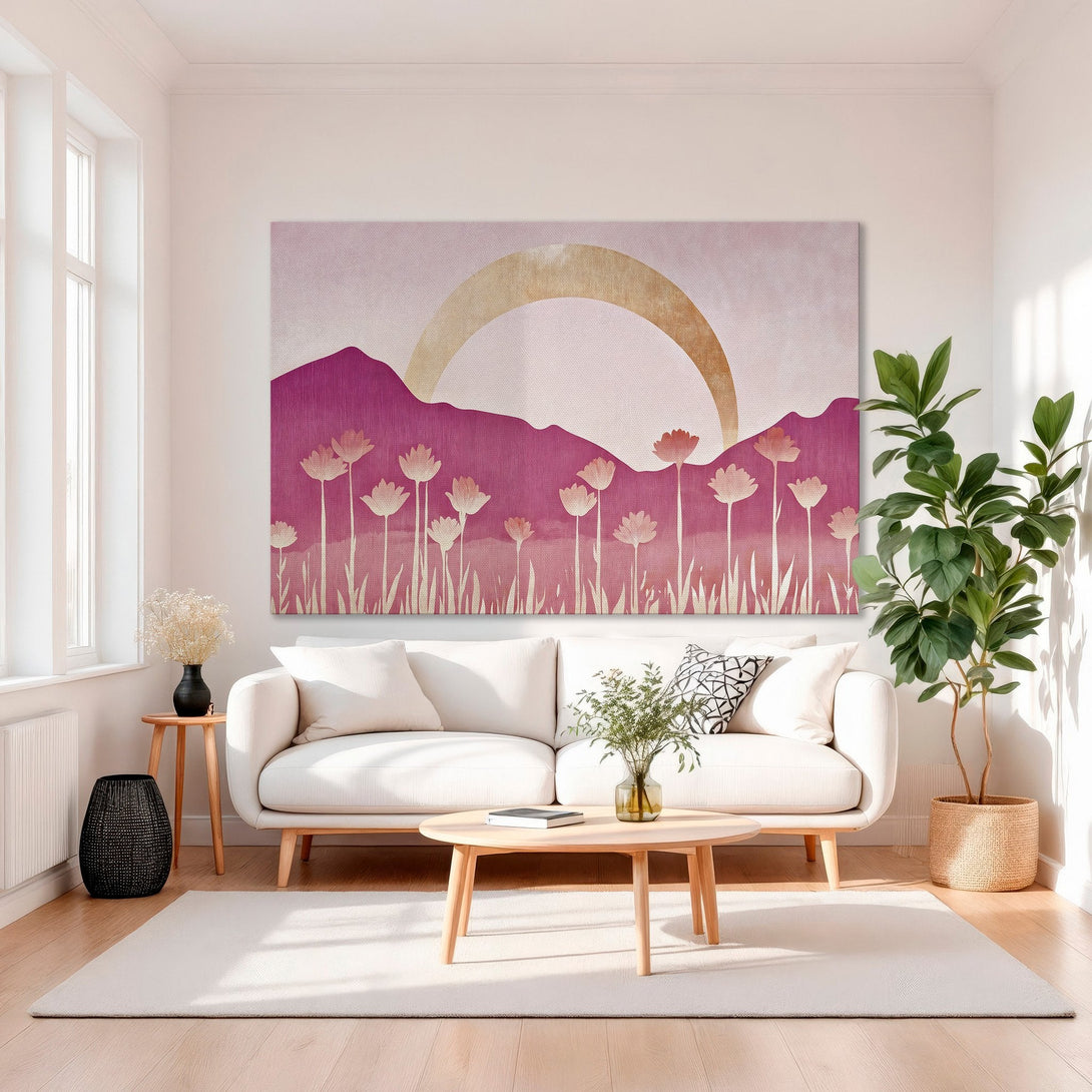 Framed Wall Art: Abstract floral landscape in pink and gold tones. Modern art print adds a touch of elegance to any interior.