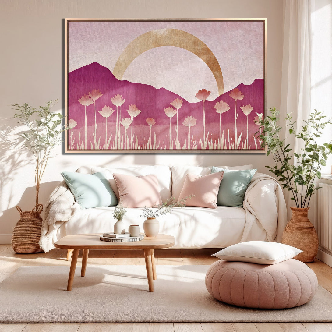 Framed Wall Art: Abstract landscape canvas print in pink & gold tones. Modern art for living room decor. Add a touch of elegance to your space!