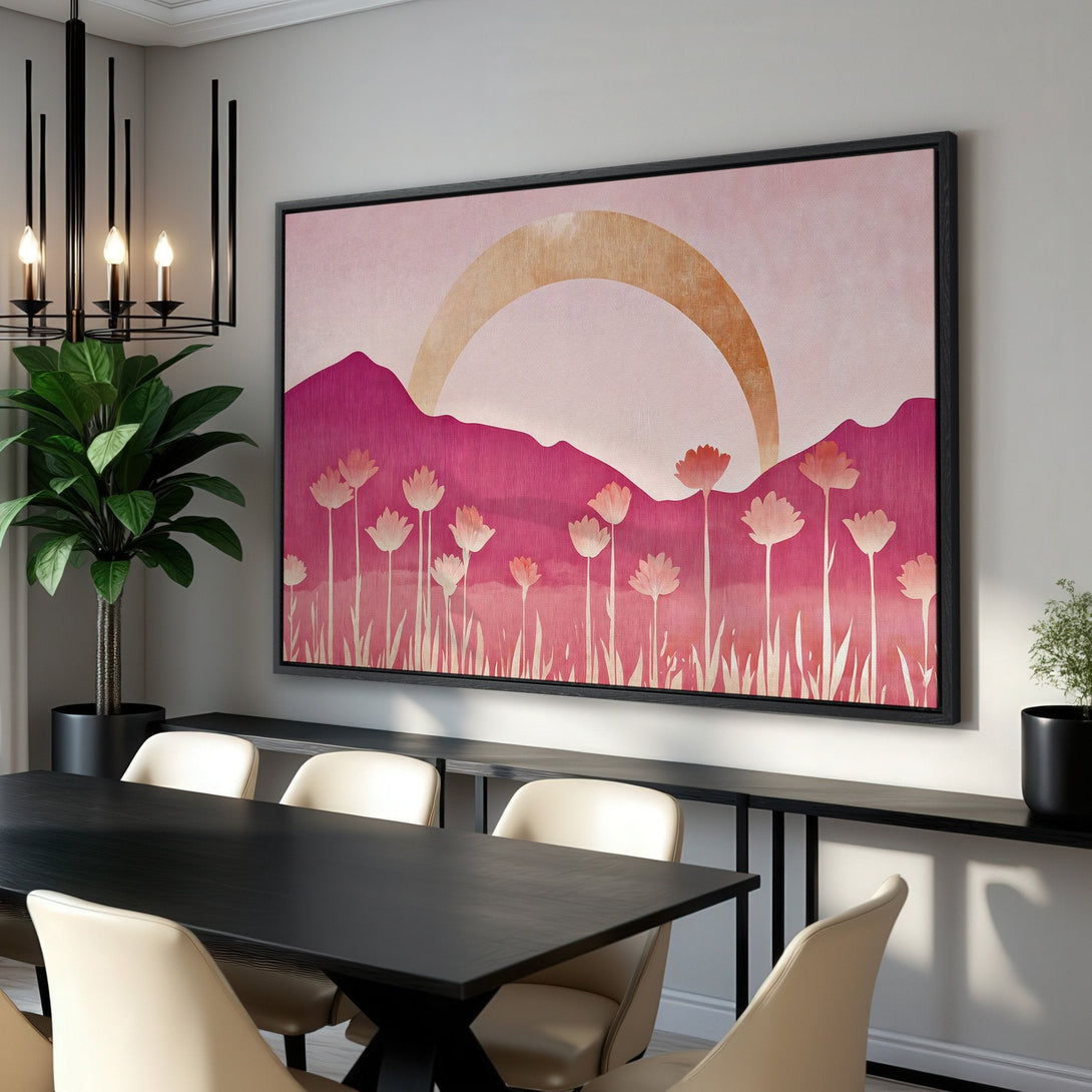Framed Wall Art featuring a floral landscape in a modern style. Pink and gold color palette adds a touch of elegance to any room. Shop now for unique wall decor!