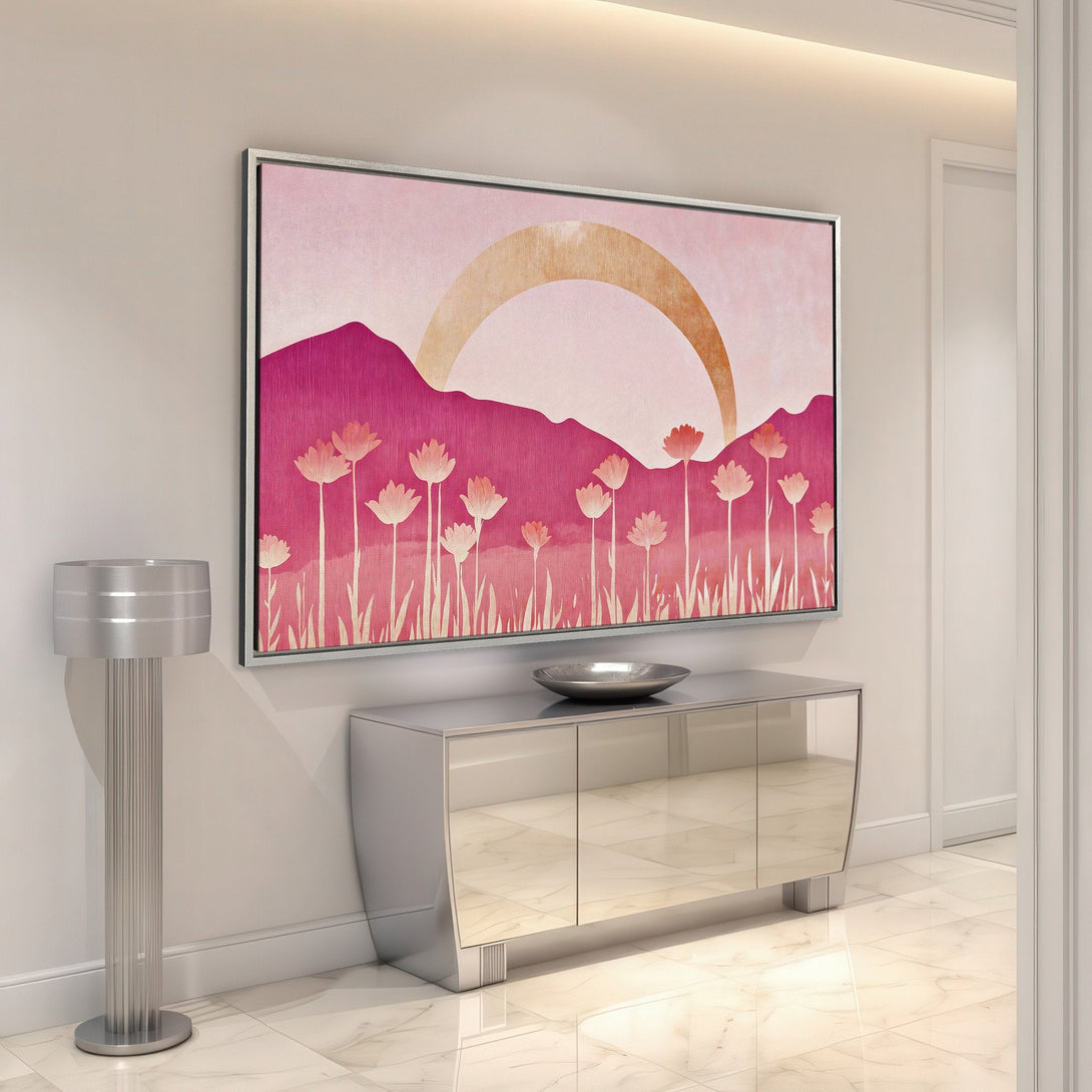 Framed Wall Art featuring a floral landscape in pink and peach tones, perfect for adding a touch of modern art to your home decor.