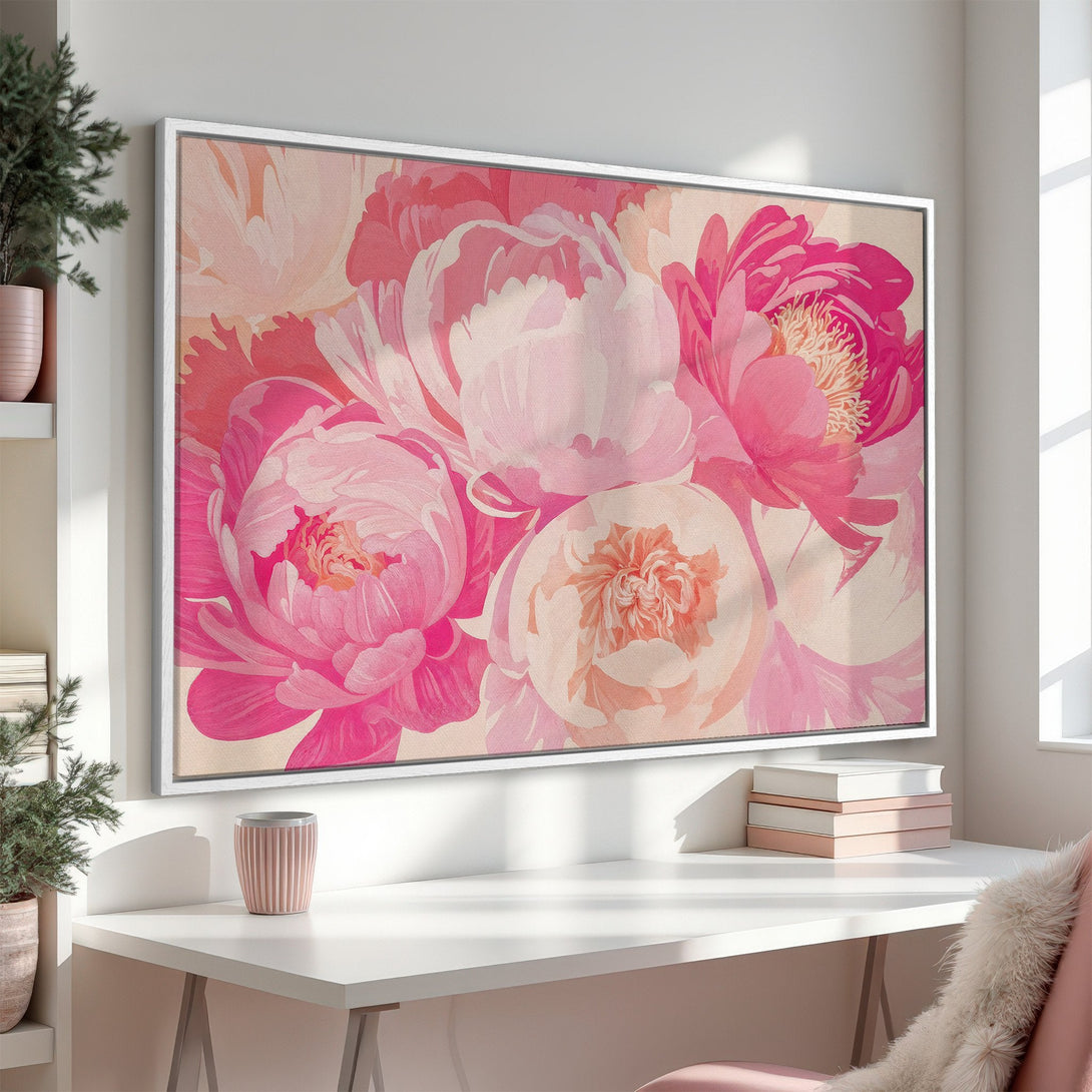 Framed Wall Art featuring a vibrant floral print of pink peonies. Modern style, perfect for adding a pop of color to any space. Shop now!