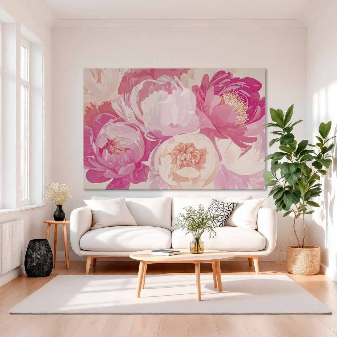Framed Wall Art: Stunning floral Canvas Print in pink & blush tones. Elegant living room decor. Add a touch of luxury to your space!