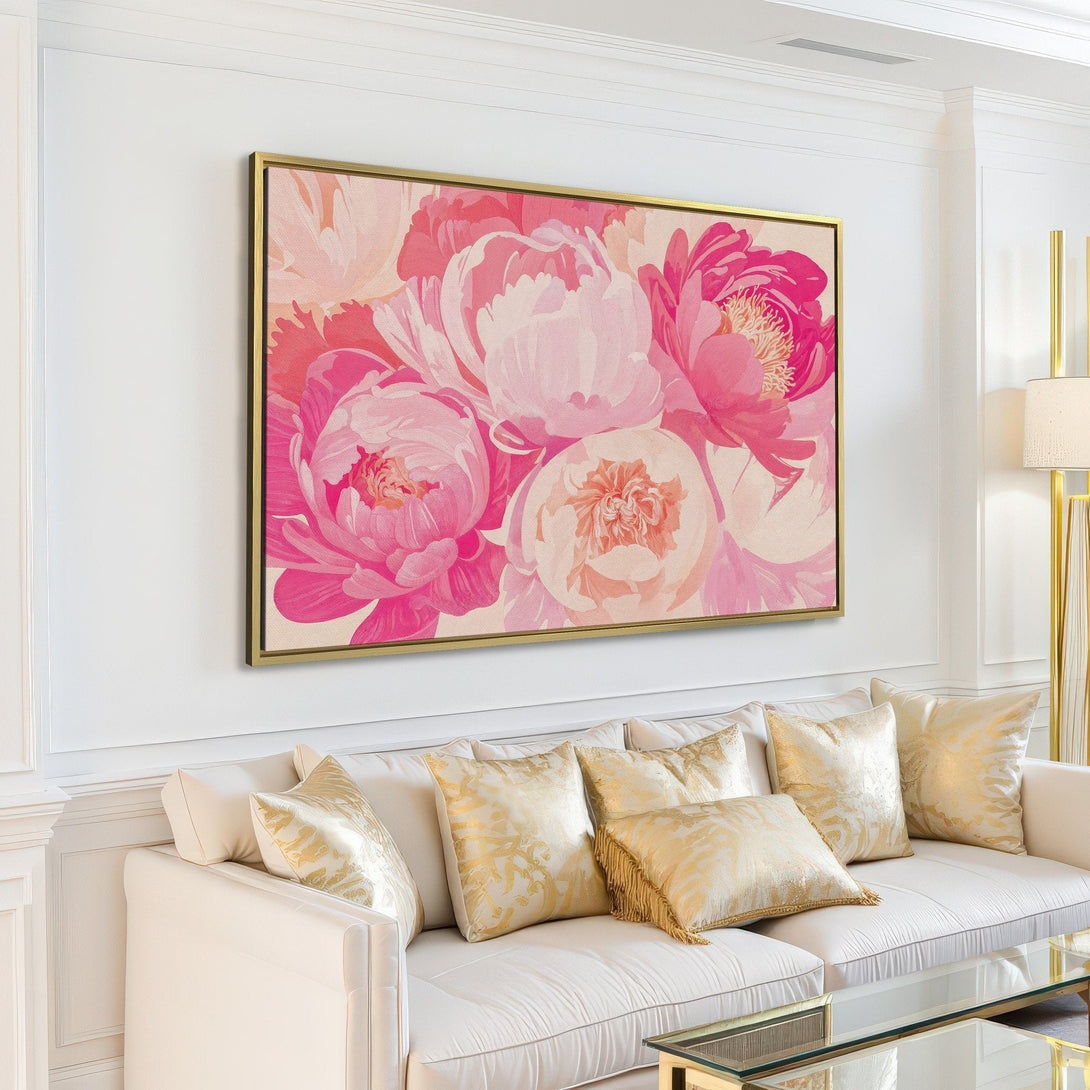 Canvas Print of pink peony flowers in a modern living room. Floral art with a soft, romantic color palette.