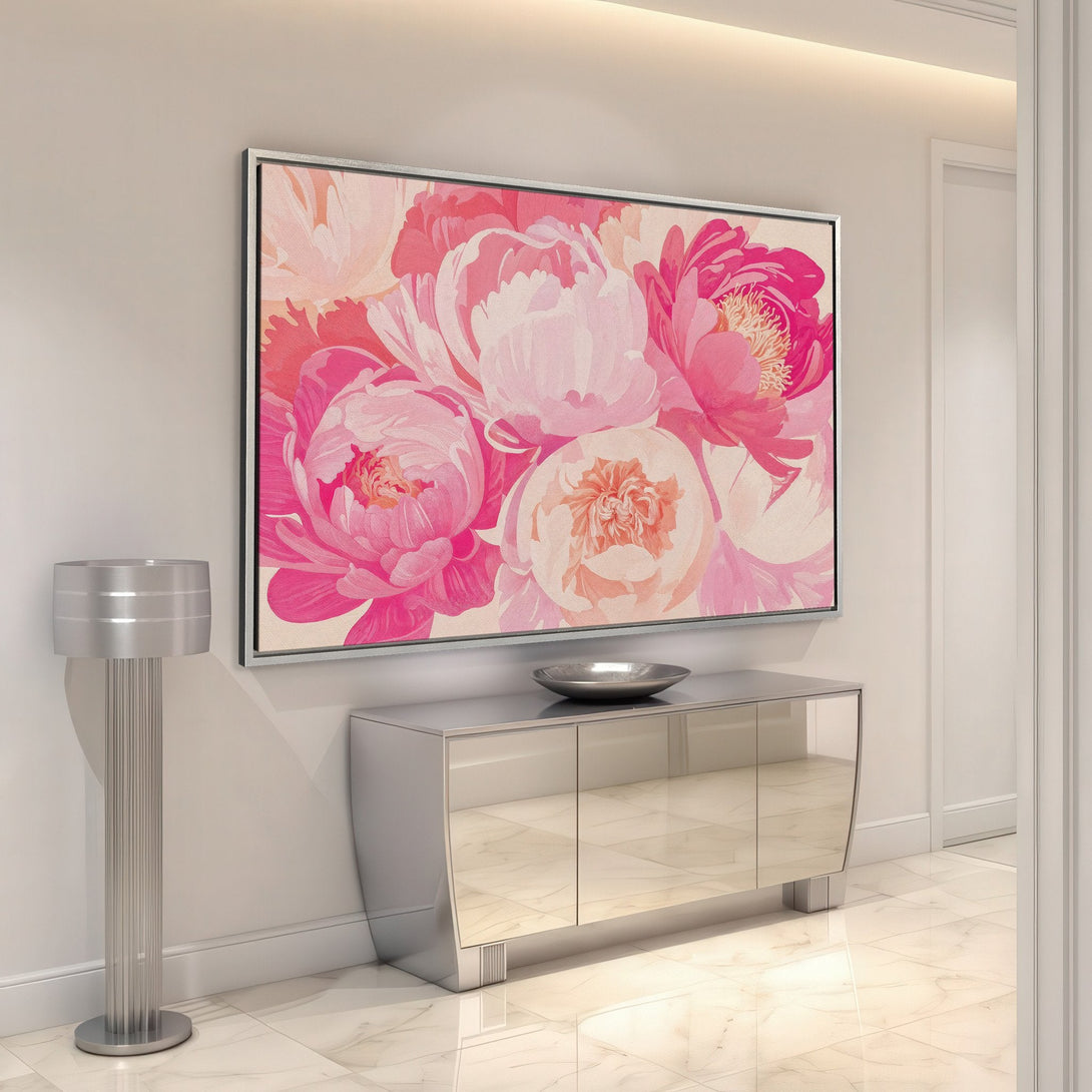 Framed Wall Art: Pink peony floral print. Modern style canvas art with a vibrant pink and peach color palette, perfect for adding a pop of color to your home.