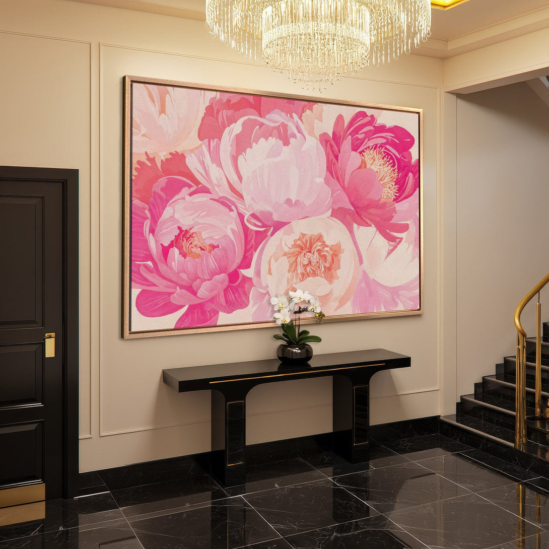 Framed Wall Art featuring vibrant pink peony flowers. Modern floral art with a warm, inviting color palette. Elevate your space with this stunning Canvas Print!