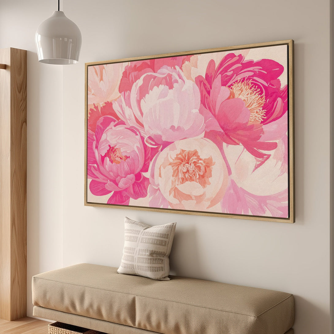 Framed Wall Art: Floral Canvas Print in pink and peach tones. Modern botanical art for a stylish interior. Shop now for home decor!