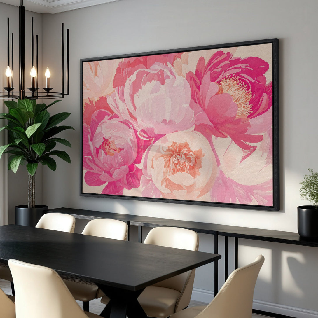 Framed Wall Art featuring a floral peony design in a modern style. Pink and peach color palette adds a touch of elegance to any room.
