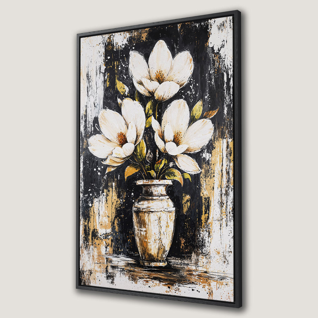 Framed Wall Art: Abstract floral canvas print with white magnolia flowers, black, gold, and white color palette. Modern art for home decor.