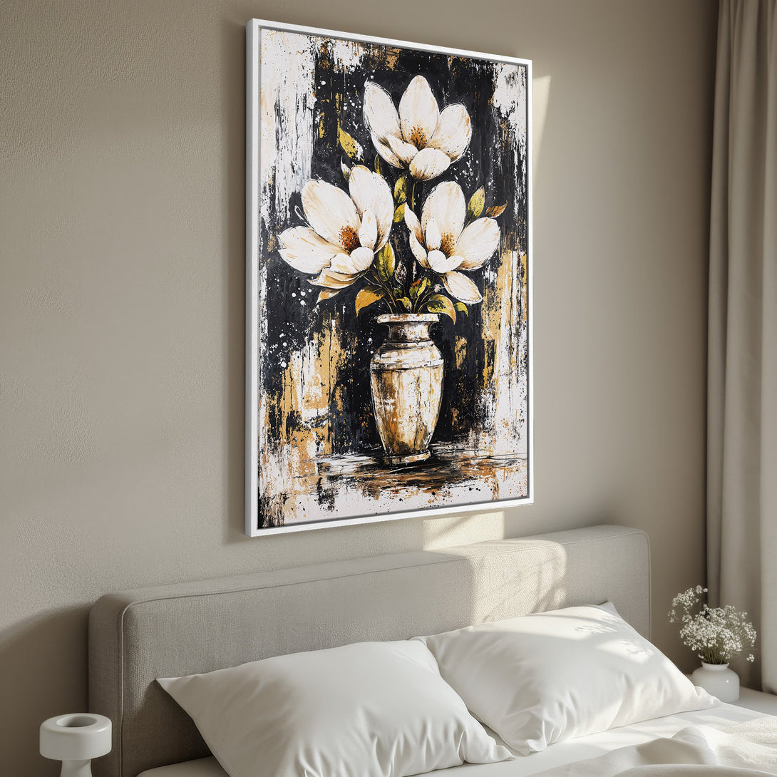 Framed Wall Art featuring a floral abstract painting with white flowers, gold, and black palette. Perfect bedroom decor!
