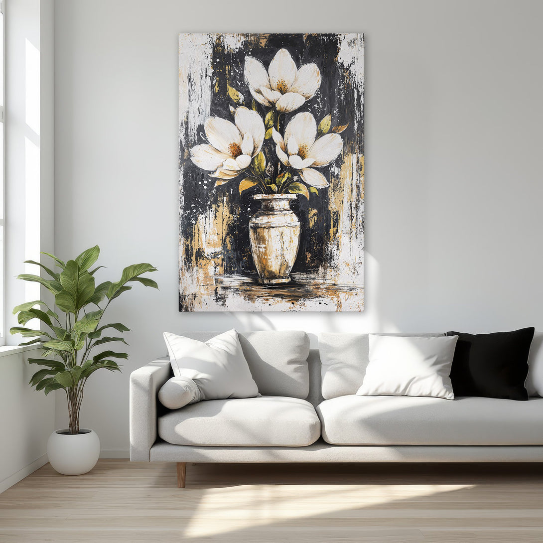 Framed Wall Art featuring elegant white magnolia flowers in a vase, abstract style, with black, gold, and white color palette. Perfect for bedroom decor.