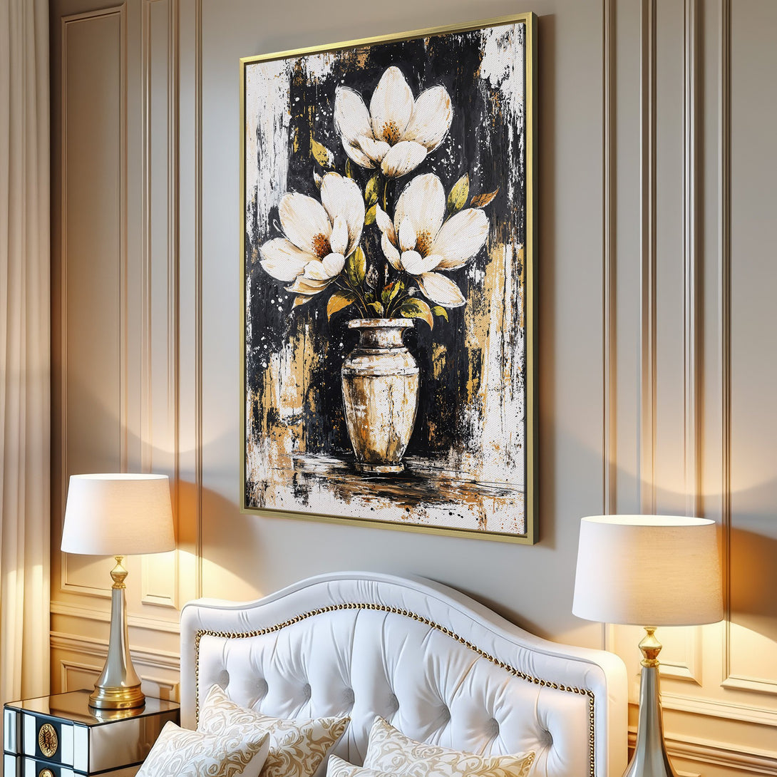 Canvas Print featuring abstract floral art with white, black, and gold palette. Modern decor for living room or bedroom.