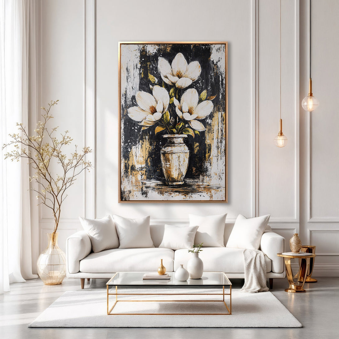 Framed Wall Art: Elegant floral canvas print in a modern living room. Features a black, white, and gold color palette, perfect for adding a touch of luxury.