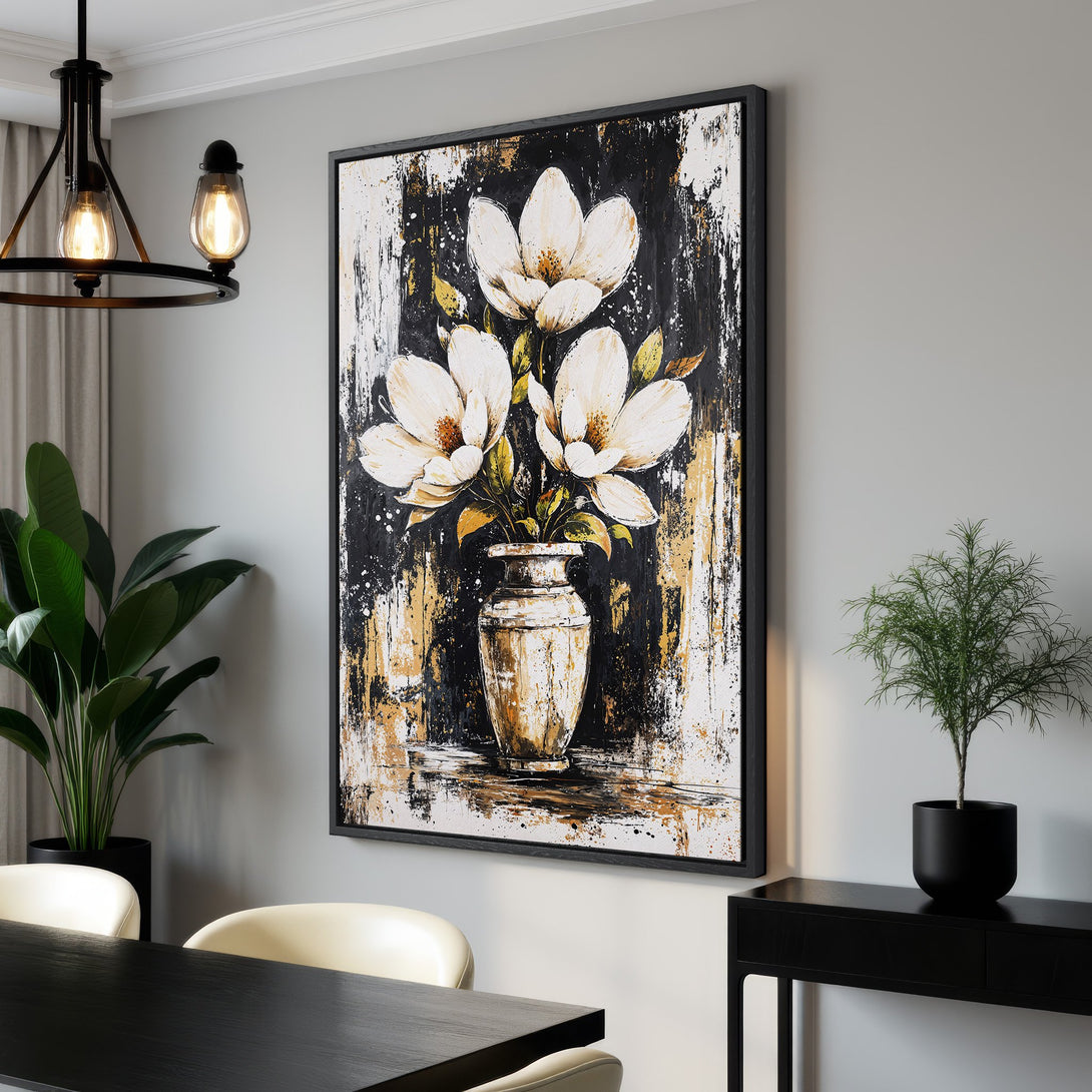 Framed Wall Art featuring a floral abstract painting with white flowers, gold accents, and a black background. Modern art for home decor.