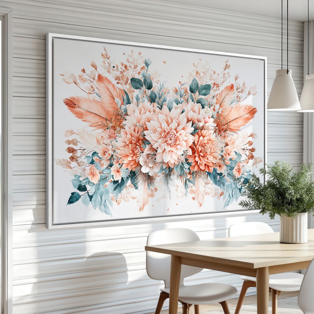 Framed Wall Art: Watercolor floral print in peach, teal, and blush tones. Bohemian style canvas print perfect for living room or bedroom decor.