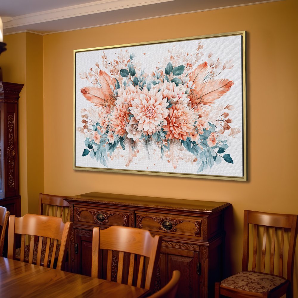 Canvas Print of watercolor floral art in peach, blue, and cream tones, perfect for adding a touch of elegance to any living room.