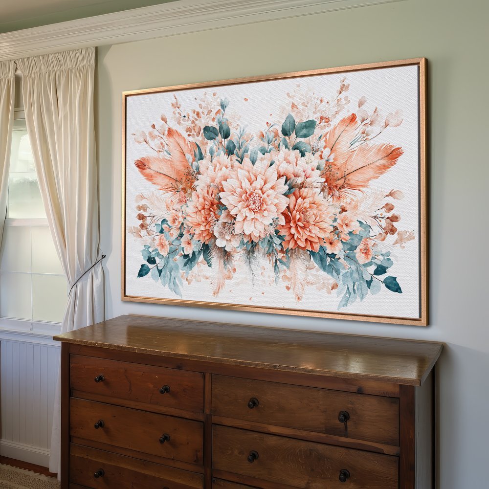 Framed Wall Art featuring floral watercolor design in peach, teal, and cream. Perfect for adding a touch of boho elegance to your space.