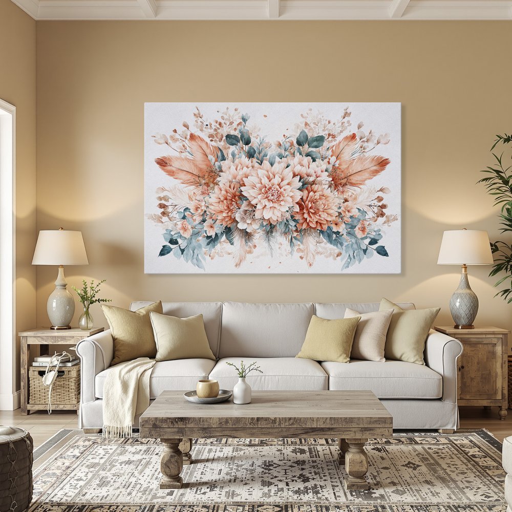 Framed Wall Art: Watercolor floral print in coral, teal, and peach. Perfect for adding a touch of elegance to your home decor. Shop now!