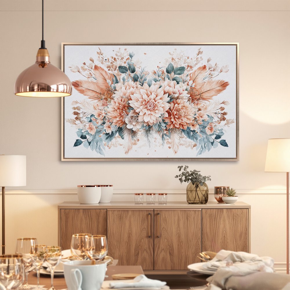 Framed Wall Art: Watercolor floral Canvas Print in peach and blue tones. Perfect for adding a touch of elegance to any room!
