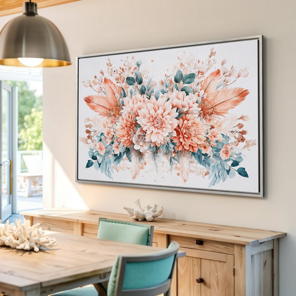 Framed Wall Art: Watercolor floral Canvas Print with peach, teal, and neutral tones. Bohemian style art for a stylish home.