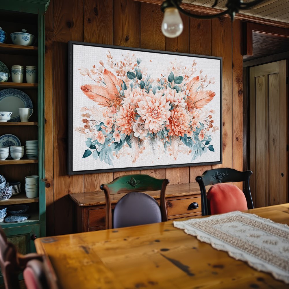 Framed Wall Art: Watercolor floral print in peach, teal, and cream. Adds a touch of elegance to any space. Shop now!