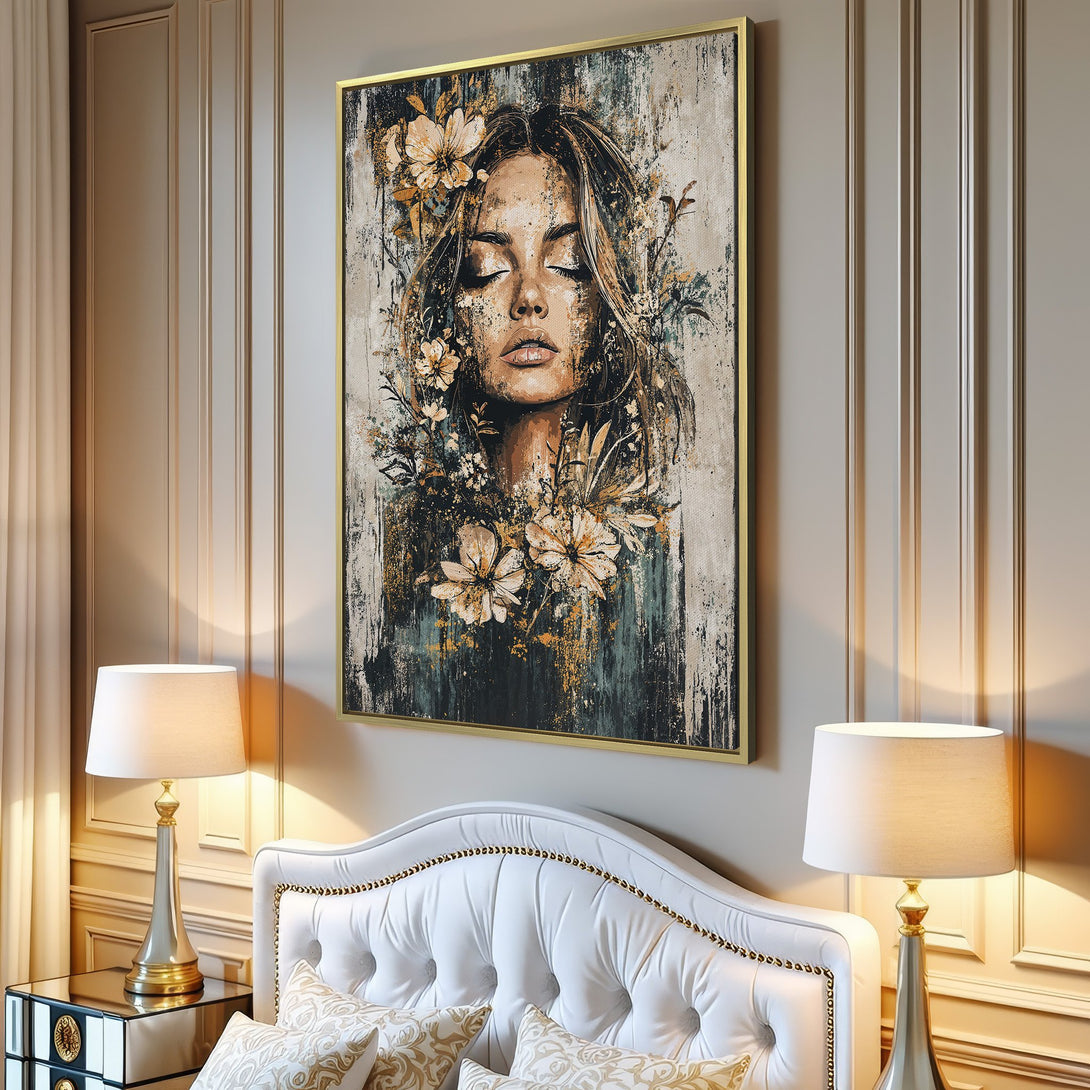 Canvas Print of a woman with flowers, showcasing a neutral color palette in a modern interior setting. Perfect wall art for any room!