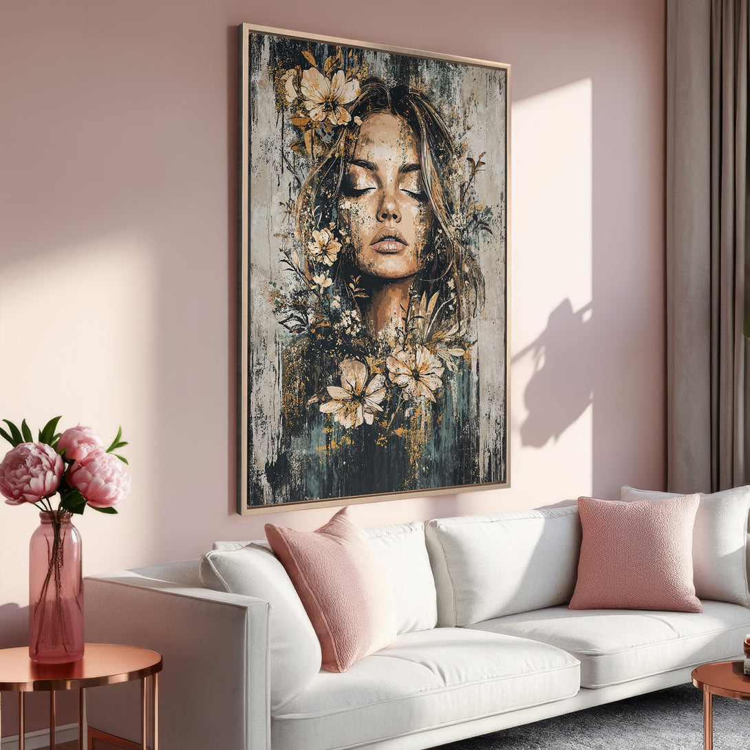 Framed Wall Art featuring a woman with flowers, in a soft, muted color palette. Perfect for adding a touch of elegance to your living room.
