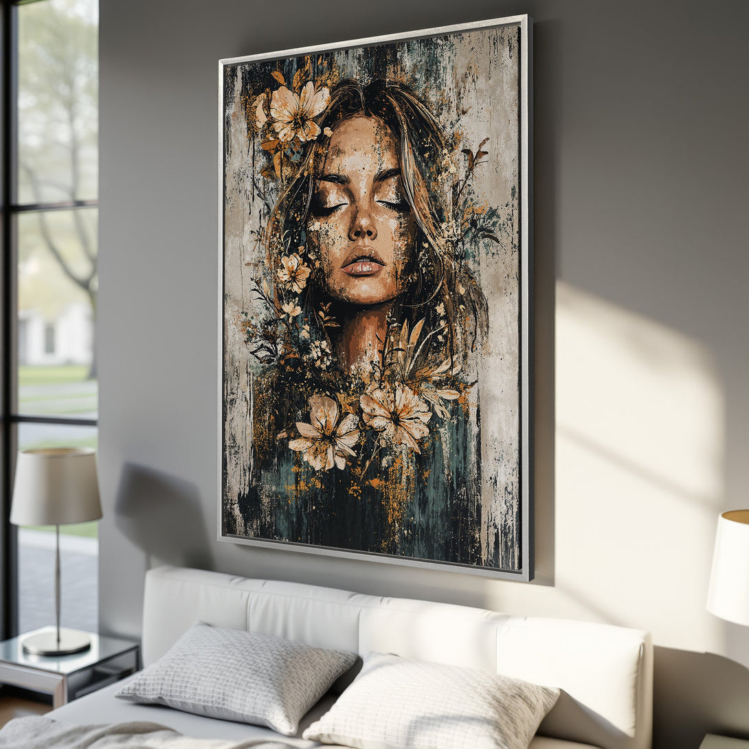 Framed Wall Art of a woman with flowers, abstract art style. Earthy tones of beige, gold, and teal. Perfect for bedroom decor.