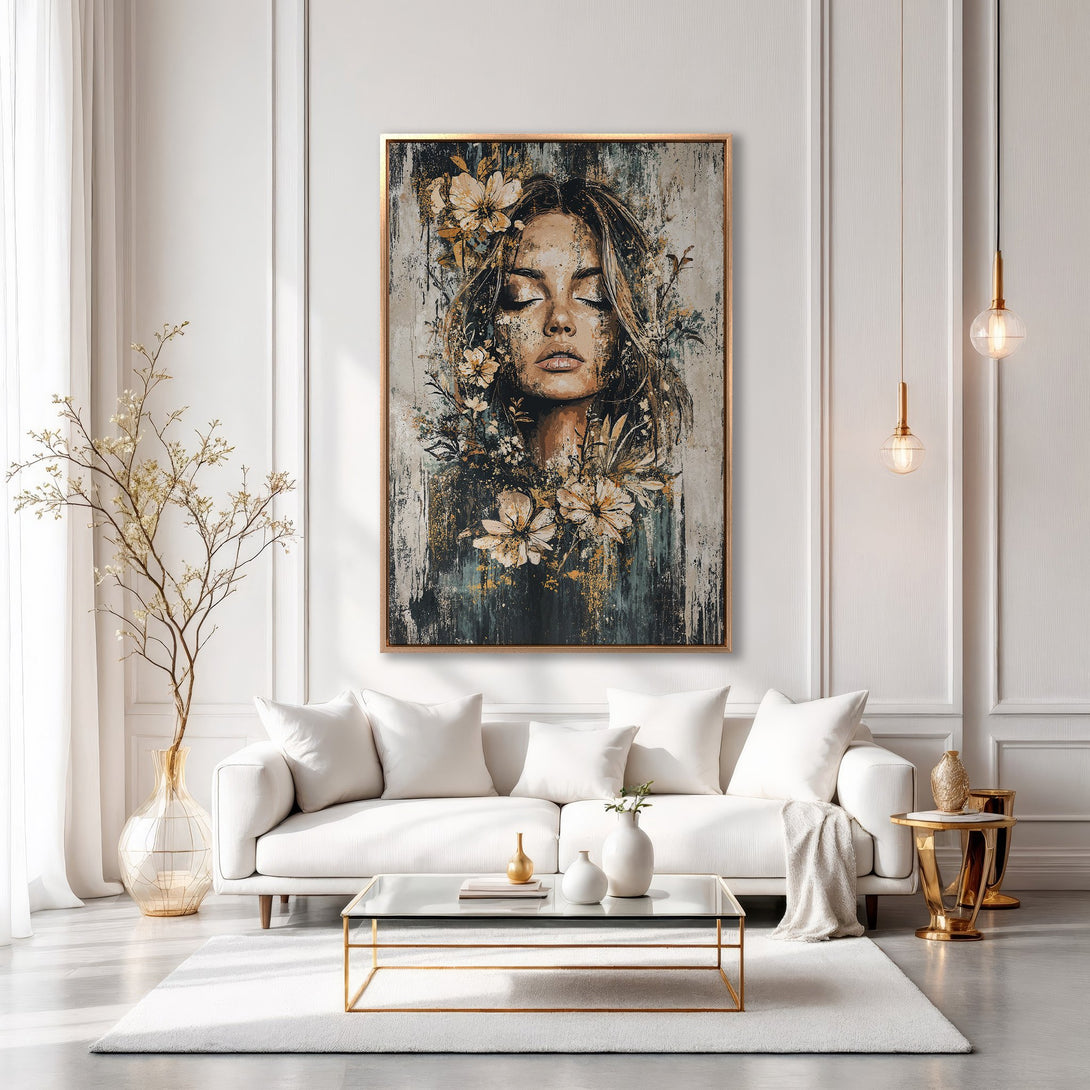 Framed Wall Art of a woman with flowers, in a modern, neutral-toned living room. Earthy color palette adds a touch of elegance.