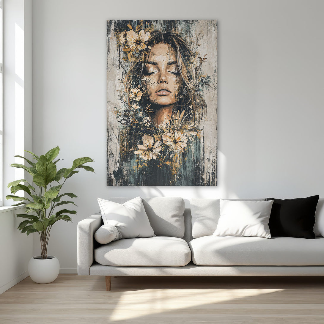 Framed Wall Art: Abstract portrait of a woman with flowers in a neutral color palette. Perfect for adding elegance to any space.