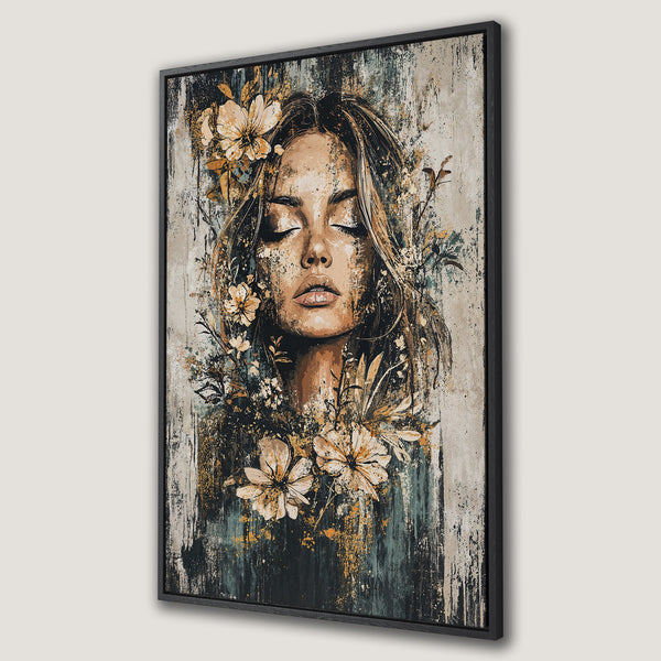 Framed Wall Art featuring a woman with closed eyes and floral accents. Abstract style with a muted, earthy color palette. Perfect for adding elegance to any space.