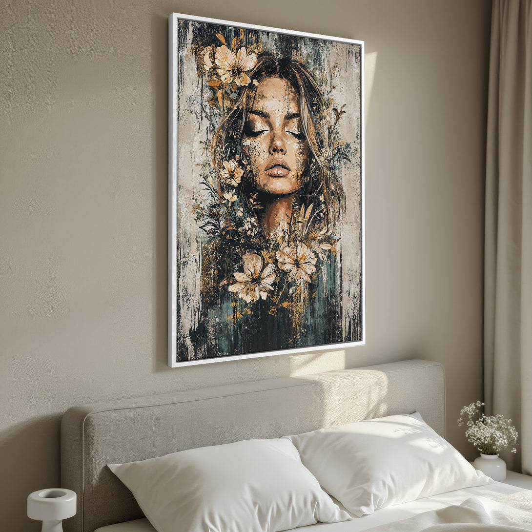 Framed Wall Art: Serene portrait of a woman with floral accents, neutral color palette. Perfect bedroom decor. Shop Canvas Prints for your home!