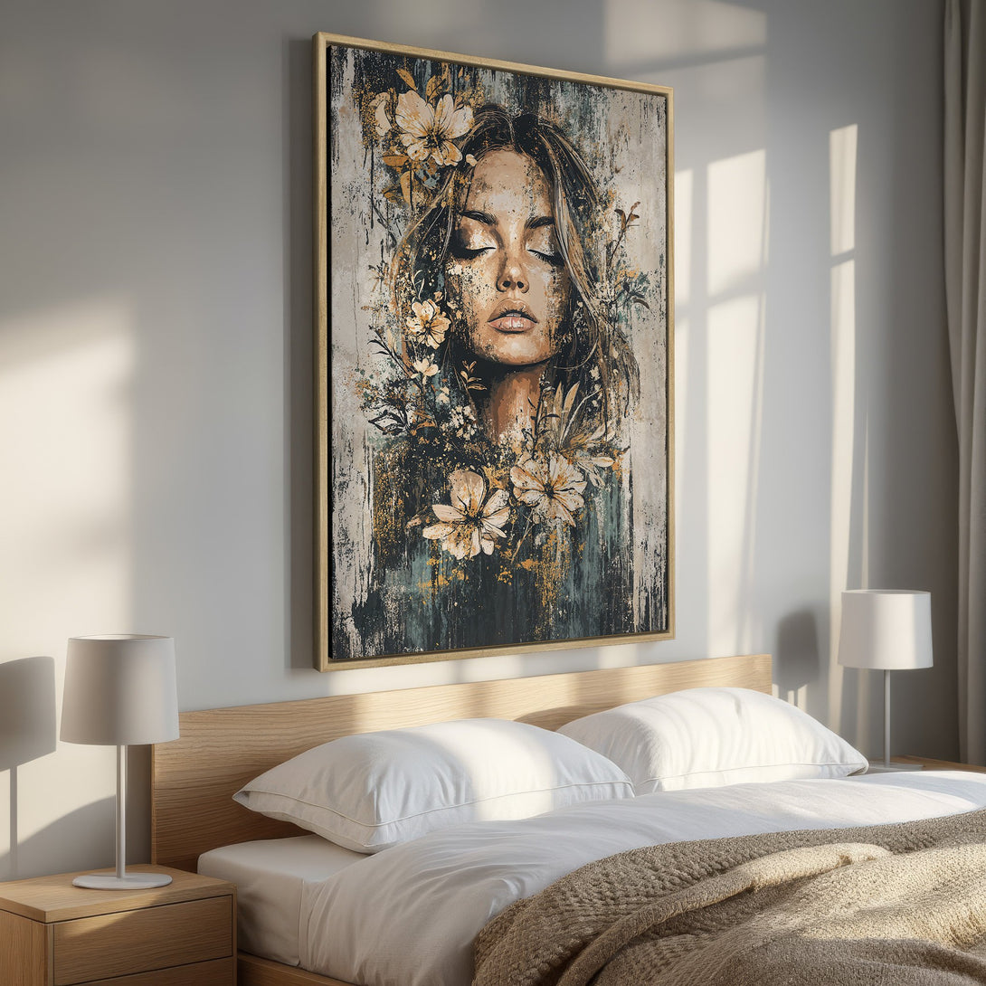Framed Wall Art: Serene portrait of a woman with flowers, in a neutral color palette. Perfect for bedroom decor. Shop our canvas print collection today!