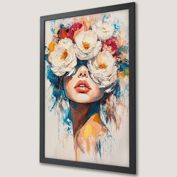 Framed Poster: Woman with floral headpiece, impressionist style, vibrant colors of white, red, blue, and orange. Perfect wall art decor.