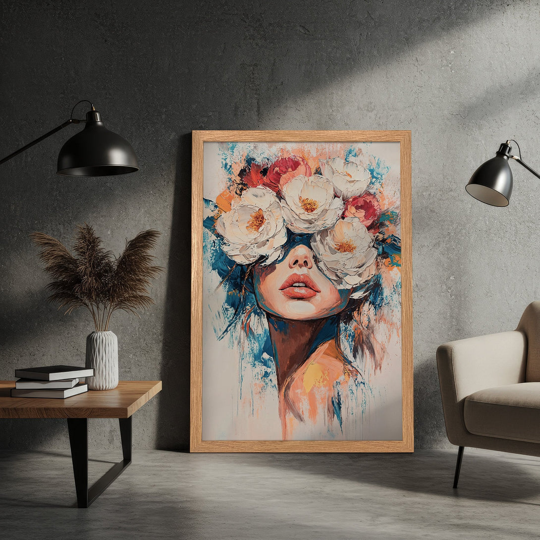 Framed Poster of a woman with flowers, abstract style, vibrant colors. Perfect wall art for modern decor. Shop now!