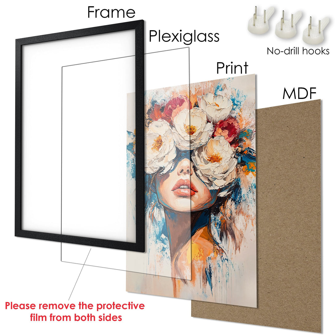 Framed Poster featuring a woman with floral headpiece, artistic style, and a vibrant, warm color palette. Perfect wall art!