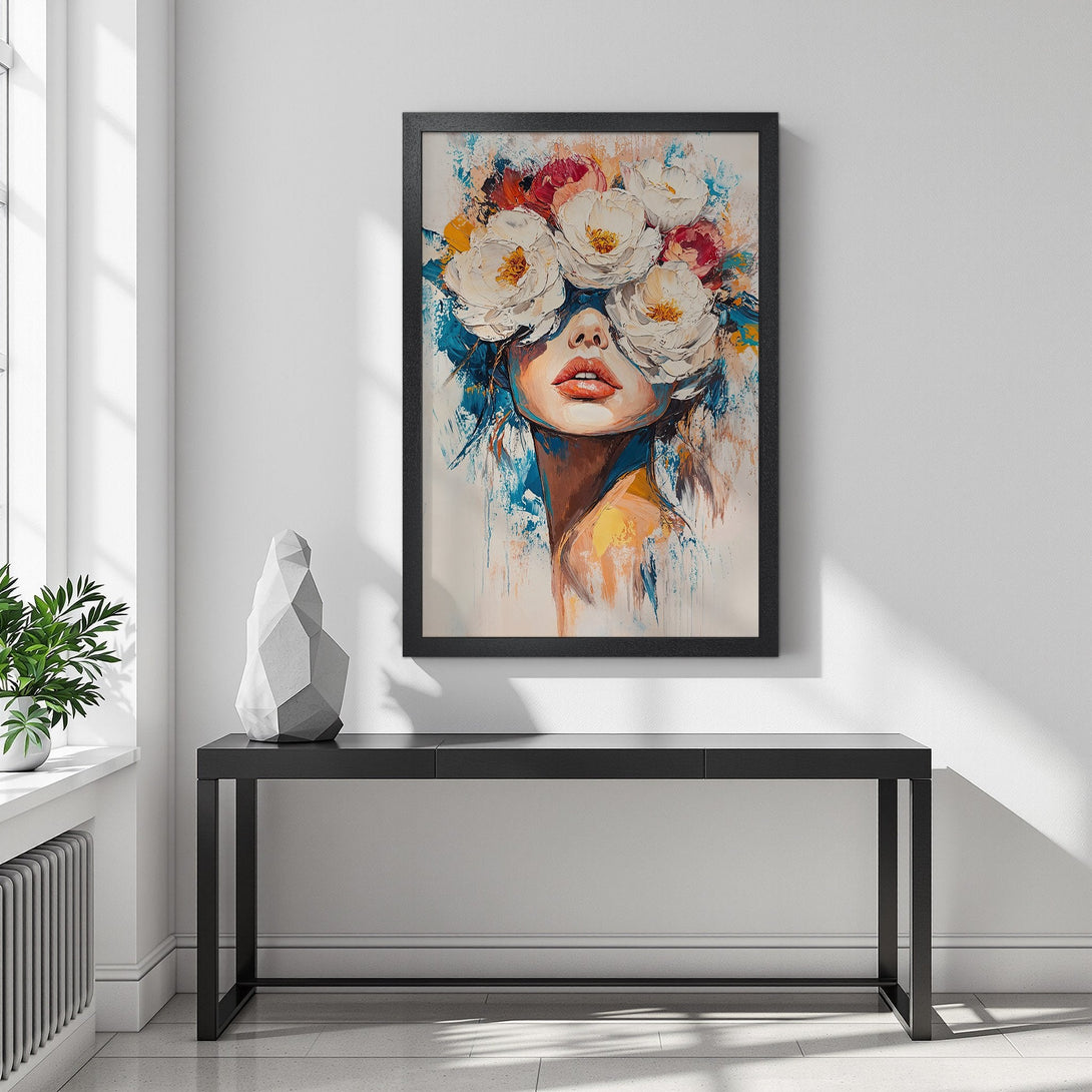 Framed Poster featuring a woman with floral head covering. Artistic style with a colorful palette of whites, blues, and reds. Perfect wall art.